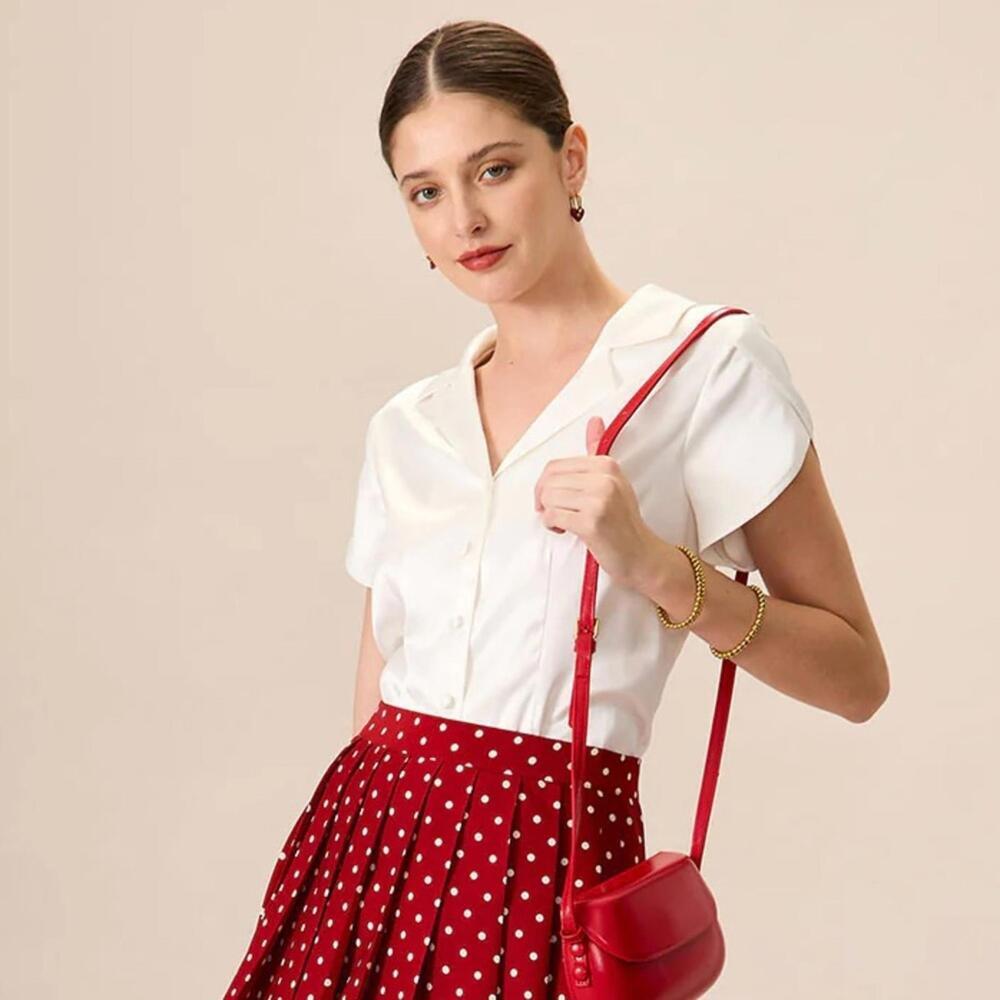 RIHOAS Women's White Lapel Satin Blouse XL